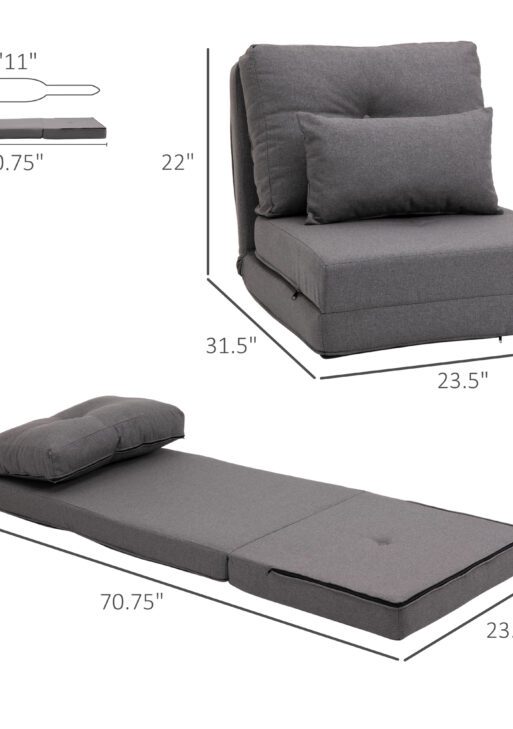 Convertible Flip Chair, Floor Lazy Sofa, Folding Upholstered Couch Bed with Adjustable Backrest, Metal Frame and Pillows for Living Room Bedroom, Dark Gray