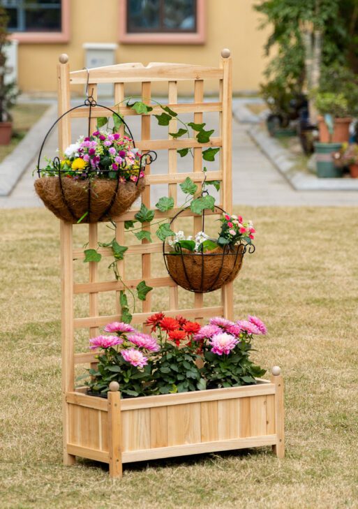 Wooden Raised Garden Bed with Trellis, Outdoor Planter Box with Drainage Crevices for Climbing Vine Plants Flowers, 24" x 12" x 49"
