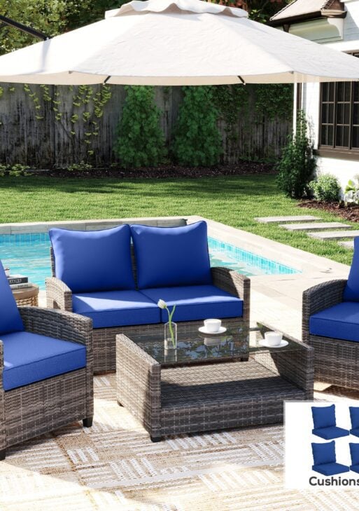 8 Patio Chair Cushions with Seat & Backrest, Fade Resistant Seat Replacement Cushion Set, Navy Blue