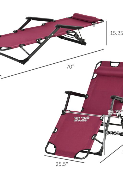 Folding Chaise Lounge Chair for Outside, 2-in-1 Tanning Chair with Pillow & Pocket, Adjustable Pool Chair for Beach, Patio, Lawn, Deck, Red