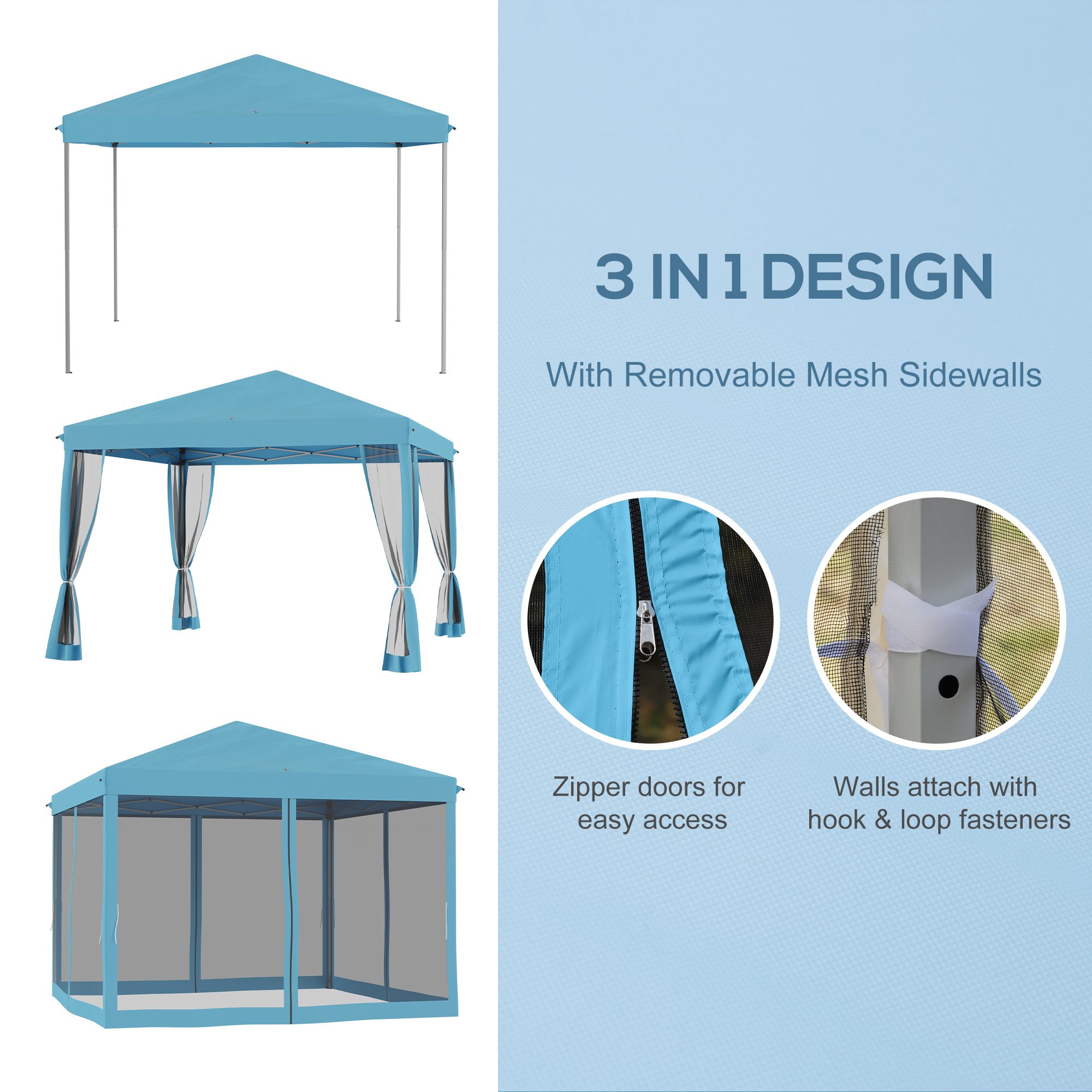 10' x 10' Pop Up Canopy Tent with Netting, Instant Gazebo, Screen House Room with Carry Bag, Height Adjustable, for Outdoor, Garden, Patio, Camping, Light Blue - Image 2