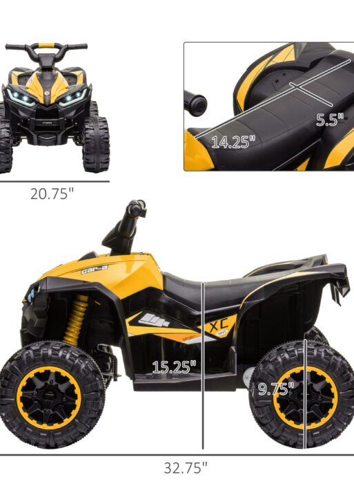 12V Kids ATV Quad Car with Forward & Backward Function, Four Wheeler for Kids with Wear-Resistant Wheels, Music, Electric Ride-on ATV for Toddlers Ages 3+ Years Old, Yellow