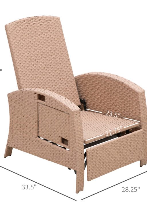 Patio Recliner, Outdoor Reclining Chair with Flip-Up Side Table, All-Weather Wicker Metal Frame Chaise with Footrest, Cushions, Beige