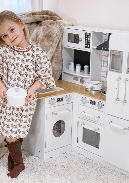 Large Play Kitchen with Full Set of Appliances for a Modern Day Pretend Kitchen, Tons of Storage, Corner Play Kitchen Set with Sound Effect, Educational Pretend Role Playset Game