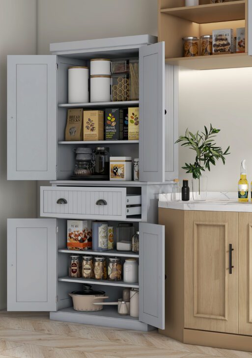 72" Traditional Kitchen Pantry Cabinet, Freestanding Tall Storage Cabinet with 4 Doors, Drawer and 3 Adjustable Shelves for Dining Room, Gray