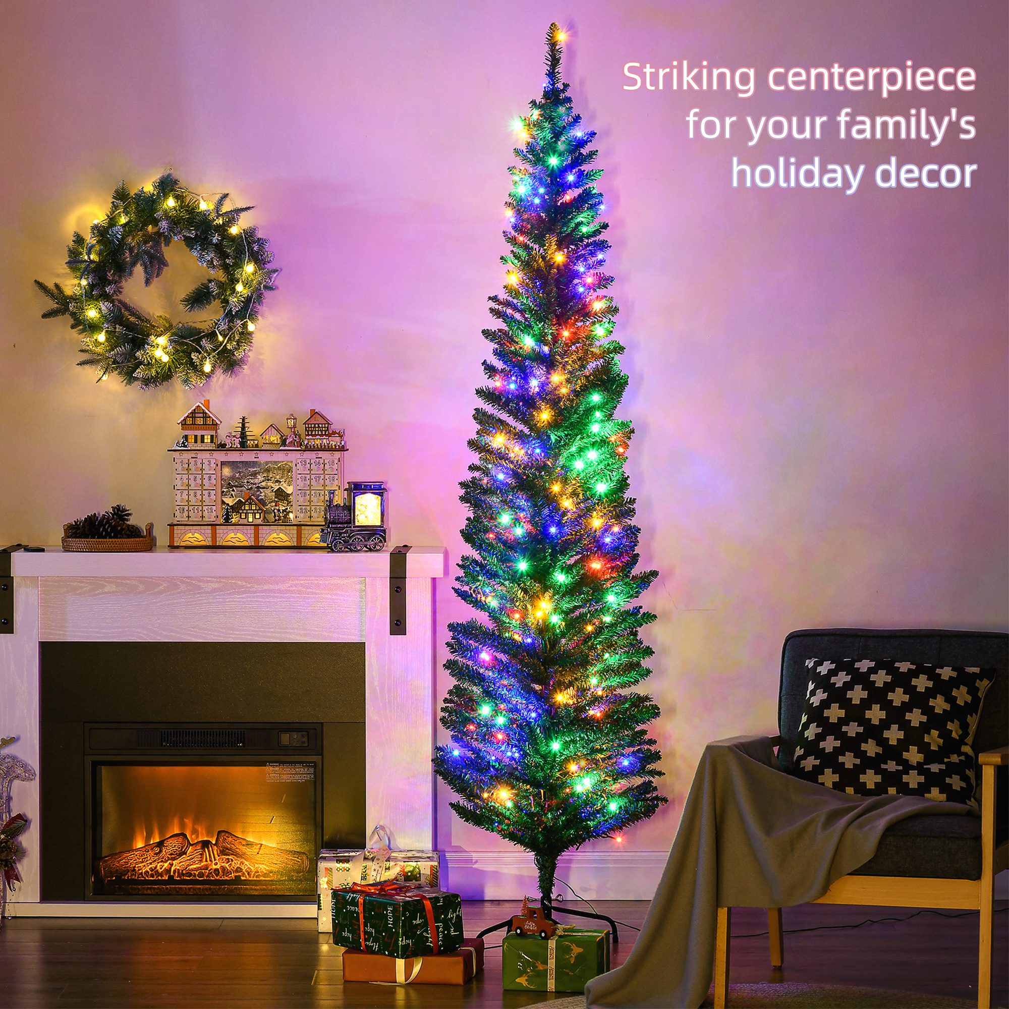 7' Artificial Pencil Christmas Trees Holiday Decoration with Colorful LED Lights, Steel Base, Skinny Shape - Image 2