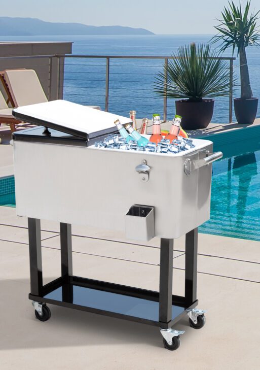 80 QT Rolling Cooling Bins Ice Chest on Wheels Outdoor Stand Up Drink Cooler Cart for Party, Silver