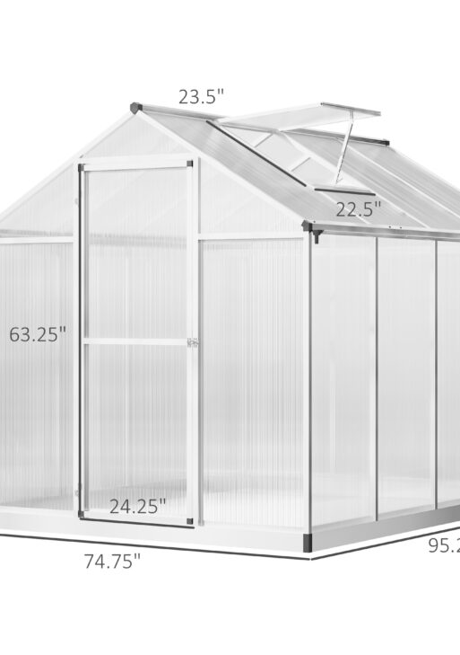 8' L x 6' W Walk-In Polycarbonate Greenhouse with Roof Vent for Ventilation & Rain Gutter for Winter