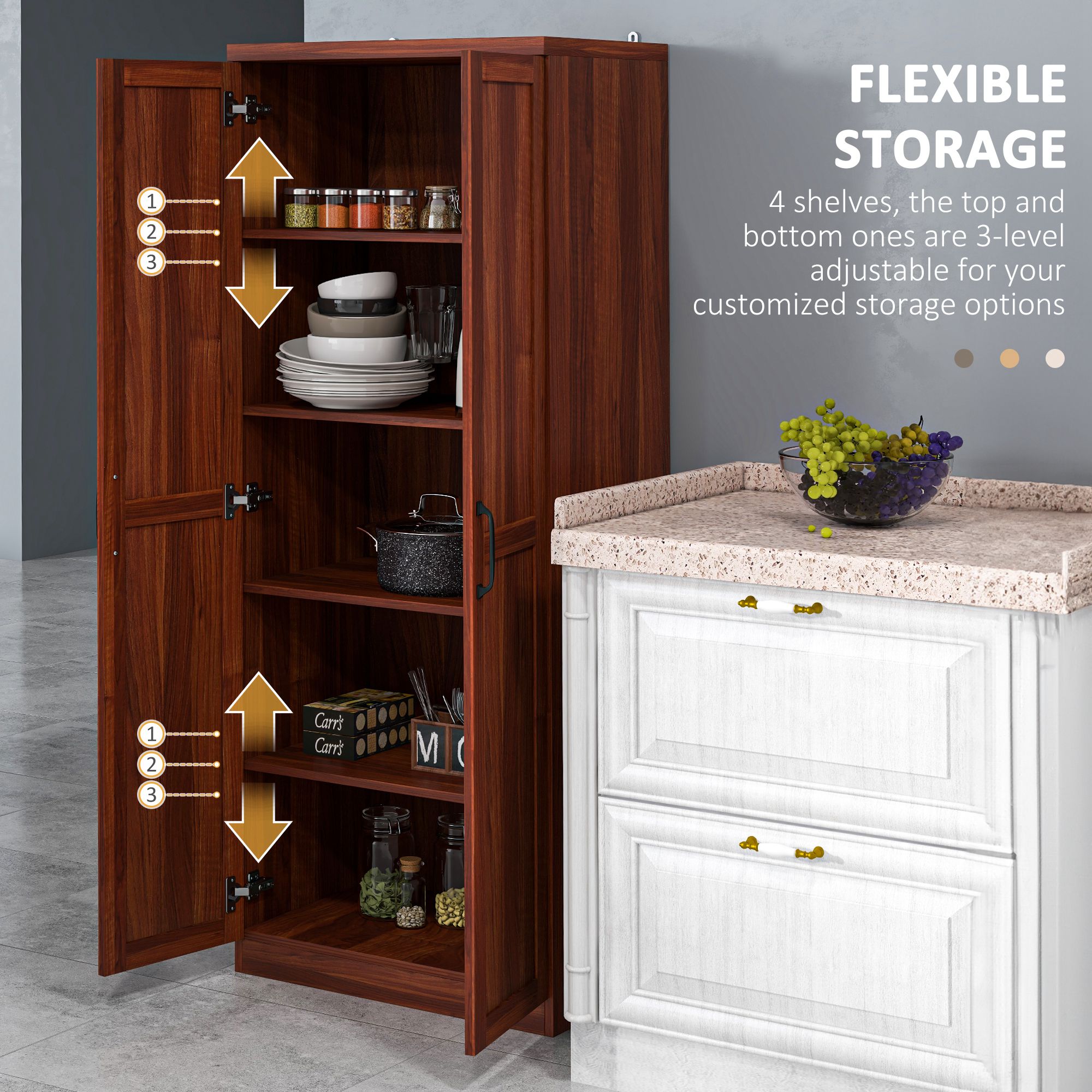 63" Kitchen Pantry Storage Cabinet with Doors and Shelves, Tall Kitchen Cabinet with 2 Doors and 5-tier Shelving - Image 3