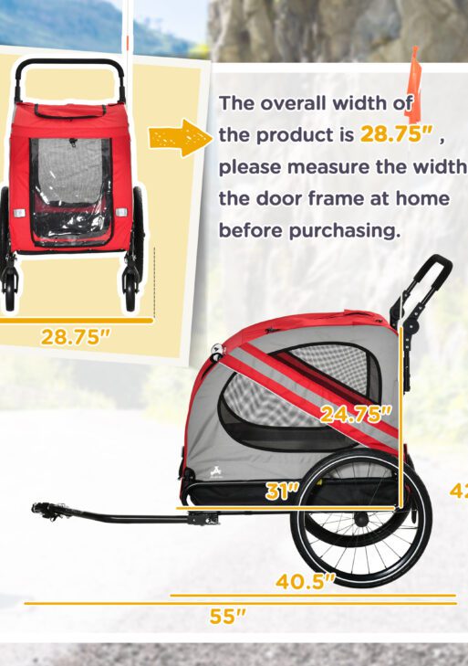 2-in-1 Pet Bike Trailer for Small Dogs, Road-Visibility Dog Stroller Bicycle Carrier, Weather-Strong Bike Wagon Trailer Sidecar Attachment, Red