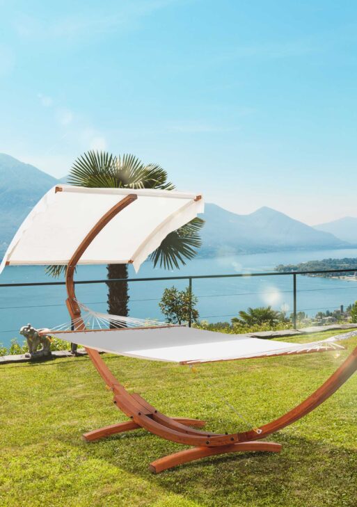 Outdoor Hammock with Stand & Accessories, Heavy Duty Wooden Frame, Sun Shade Visor Canopy, Indoor Outside Boho Style Nap Bed, Natural Cotton, White