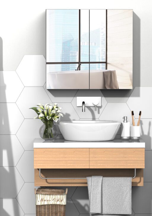 Bathroom Mirrored Cabinet, 24"x22" Steel Frame Medicine Cabinet, Wall-Mounted Storage Organizer with Double Doors, White