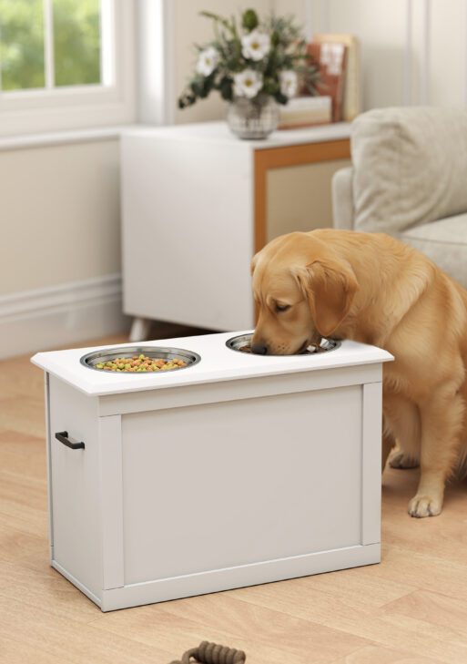 Raised Pet Feeding Storage Station with 2 Stainless Steel Bowls Base for Large Dogs and Other Large Pets, White