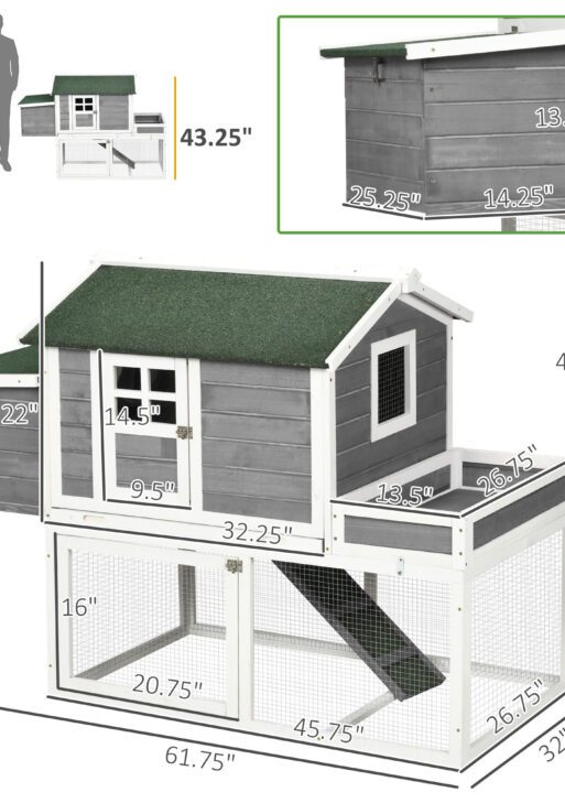Wooden Chicken Coop for Outdoor Backyard with Raised Garden Bed, Run Area, Nesting Box Removable Tray, Gray