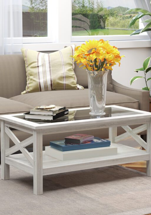 Coffee Table with Tempered Glass Tabletop, Living Room Table with Wood Frame and Underneath Storage Shelf, White Oak