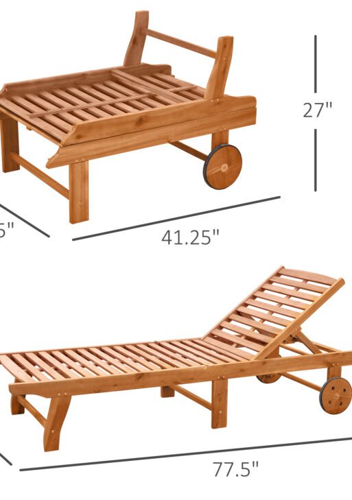 Outdoor Folding Chaise Lounge Chair Recliner with Wheels, Acacia Wood Frame - Teak Color