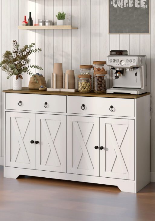 Kitchen Storage Sideboard, Farmhouse Buffet Cabinet with Barn Style Doors, Drawers, Adjustable Shelves, White