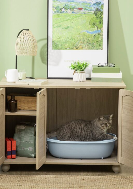 Cat Litter Box Enclosure Side Table, Cat Washroom Storage with Soft Cushion, PE Rattan, Adjustable Partition, Oak