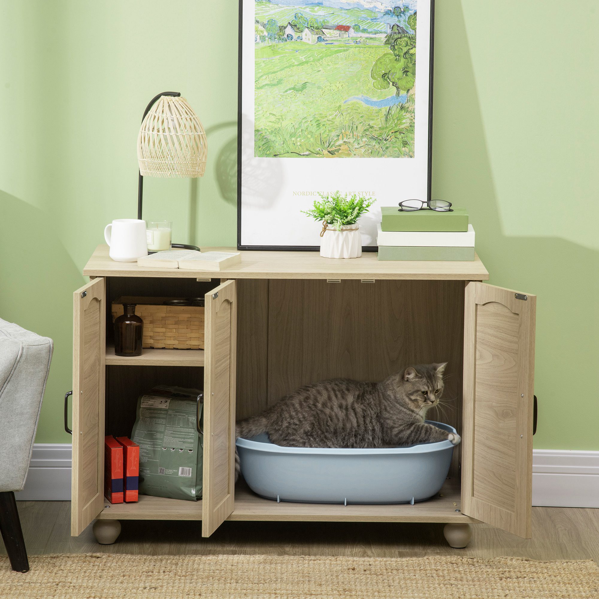 Cat Litter Box Enclosure Side Table, Cat Washroom Storage with Soft Cushion, PE Rattan, Adjustable Partition, Oak