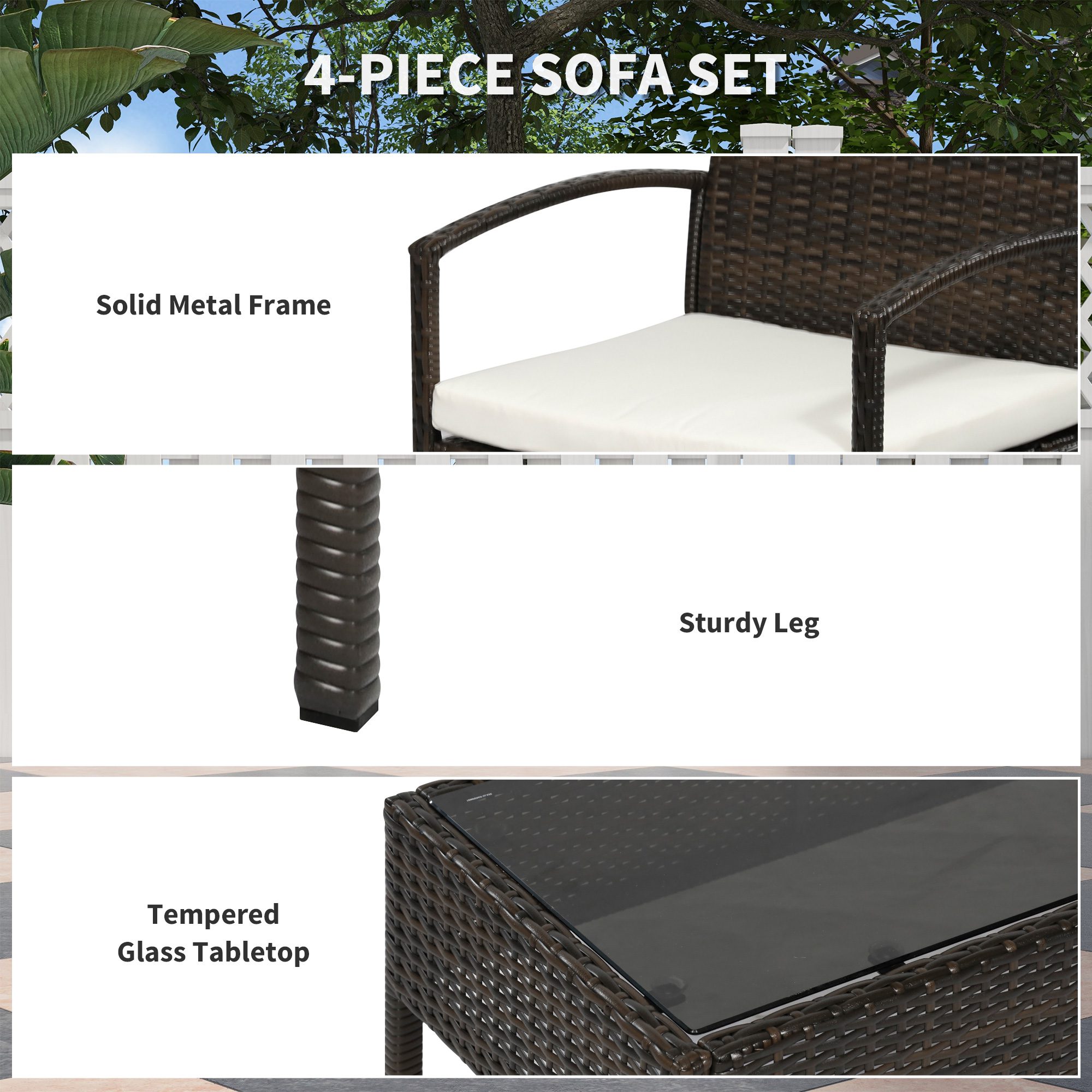 Patio Furniture Set, 4 Piece Indoor Outdoor PE Wicker Conversation Set with Chairs, Loveseat Sofa, Cushions, Glass Table for Backyard, Sunroom, Pool, Garden, Brown - Image 4