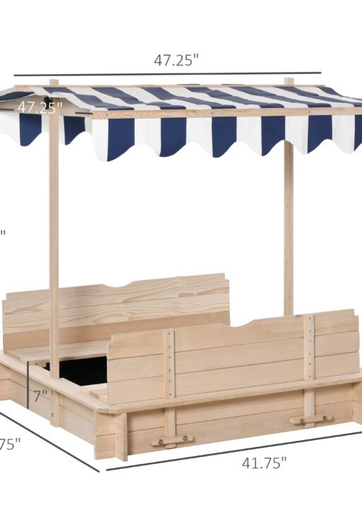 Covered Sandbox, Wooden，with Cover Adjustable Canopy, Detachable Seats and Backrests, Kids Sandbox with Convertible Bench Seat, Bottom Liner, Natural Blue