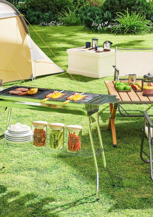 Charcoal Barbecue Grill Stainless Steel Portable Folding Charcoal BBQ Grill Stainless Steel Camp Picnic Cooker