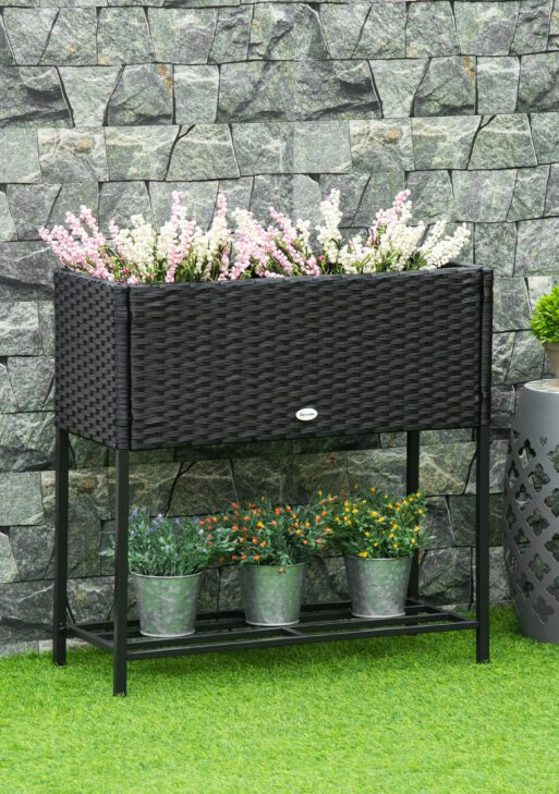 PE Rattan Wicker Raised Flower & Vegetable Planter, Rack Shelf Box