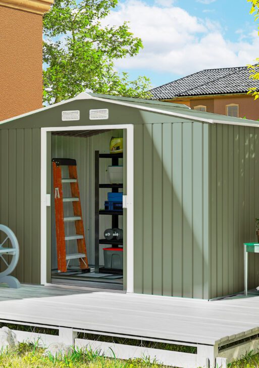 9' x 6' Outdoor Storage Shed, Garden Tool Metal Shed with Foundation Kit, Double Lockable Door, Air Vents and Sloping Roof, for Backyard, Patio, Lawn, Green