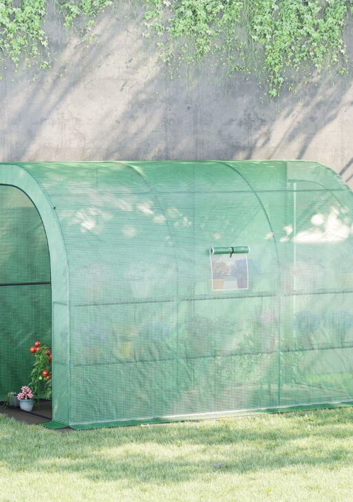 10' x 5' x 7' Lean to Greenhouse, Walk-In Green House, Plant Nursery with 2 Roll-up Doors and Windows, PE Cover and 3 Wire Shelves, Green