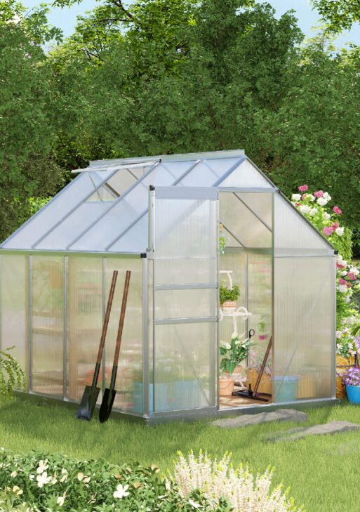 8' x 6' Aluminum Outdoor Greenhouse, Polycarbonate Walk-in Garden Greenhouse Kit with Adjustable Roof Vent, Rain Gutter and Sliding Door for Winter, Silver
