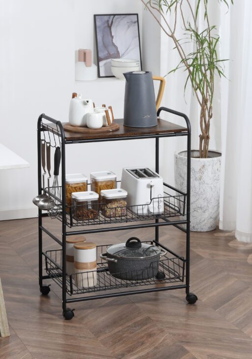 3 Tier Kitchen Cart with Storage, Rolling Kitchen Island Cart with 2 Sliding Fruit Basket and Side Hooks for Dining Room, Rustic Brown