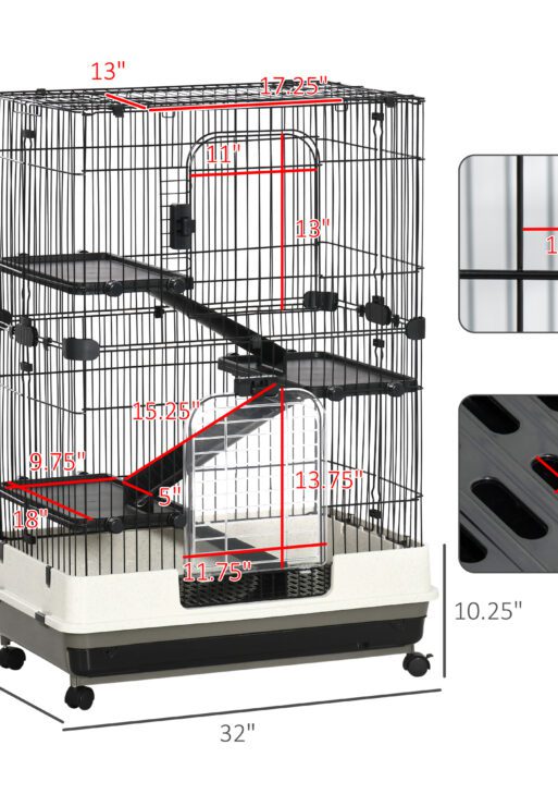 32"L 4-Level Small Animal Cage Rabbit Hutch with Universal Lockable Wheels, Slide-out Tray for Bunny, Chinchillas, Ferret, Black