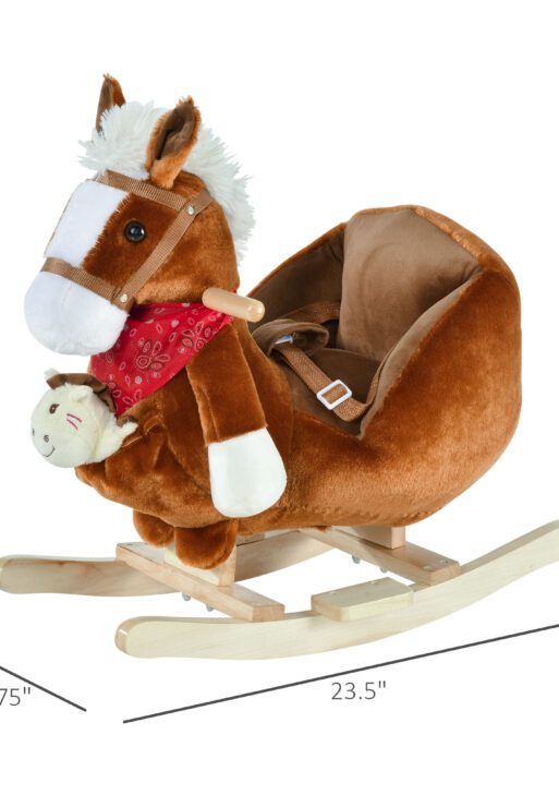 Kids Ride-On Rocking Horse Toy, Rocker with Lullaby Song, Hand Puppets & Soft Plush Fabric for Children 18-36 Months, Brown
