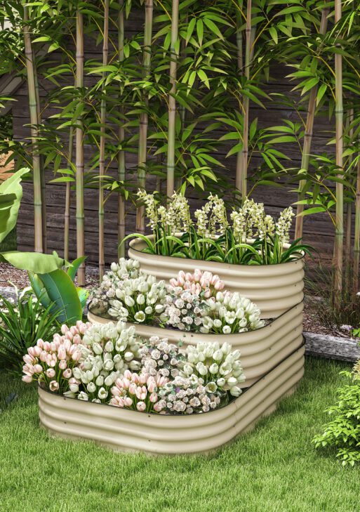 3-Tier Raised Garden Bed Set w/ Safety Edging, Open Bottom for Vegetables, Herbs, Flowers, 62.25" x 43" x 32.25", Cream