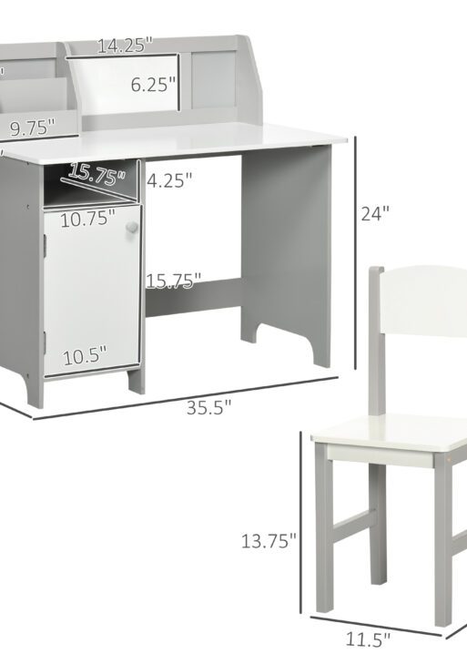 Toddler Table and Chair Set, Kids Writing Desk Homework Table with Whiteboard, Storage Cabinet, Gray