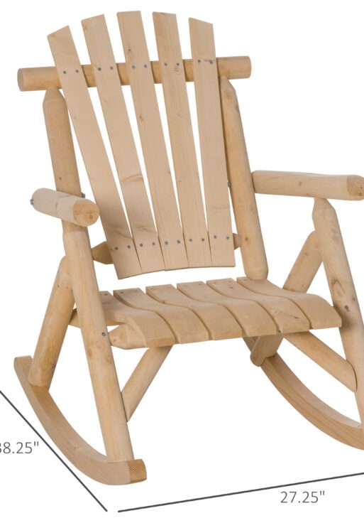 Outdoor Wooden Rocking Chair, Single-Person Rustic Adirondack Rocker with Slatted Seat, High Backrest, Armrests for Patio, Garden and Porch, Natural