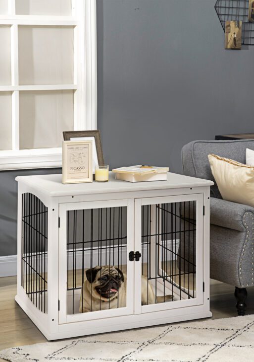 Dog Crate Furniture, 32" Small Dog Cage End Table with 2 Doors, Lockable Door, Puppy Kennel Indoor, White