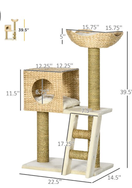 Cattail Weave Cat Tree for Indoor Cats Kitty Tower with Rattan Cat Condo, Wicker Bed, Ladder, Washable Cushions, 22.5" x 14.5" x 39.5", Natural