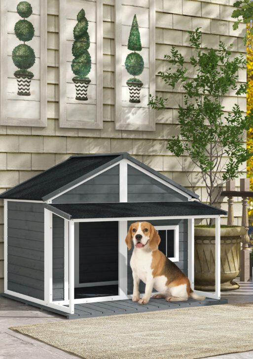 Outdoor Cabin Style Dog House, Medium Dogs, 53 lbs, Gray