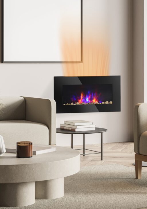 28.5" 1450W Electric Wall-Mounted Fireplace with Flame Effect, 7 Color Background Light, Black