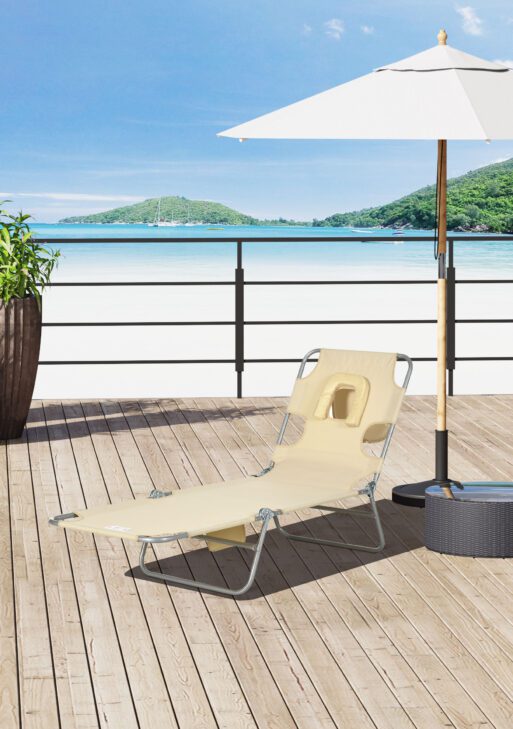 Folding Outdoor Chaise Lounge Sun Tanning Chair with Face Cavity, Pillow, 5-level Adjustable for Beach, Pool, Beige