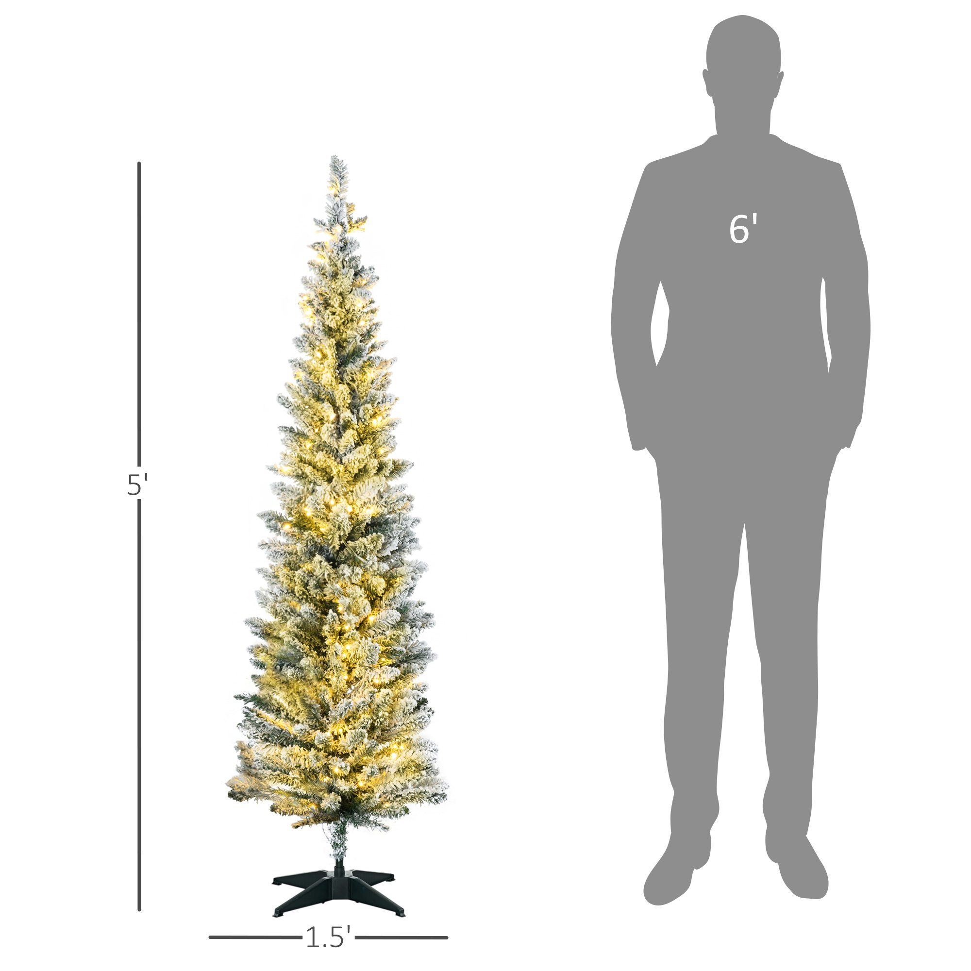 5ft Pencil Christmas Tree, Slim Artificial Christmas Tree with Realistic Branches and Warm White LED Lights, Green - Image 1