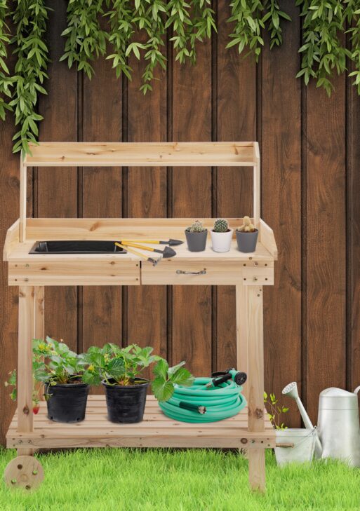 36" Wooden Potting Bench Work Table with 2 Removable Wheels, Garden Workstation with Removable Sink, Drawer & Large Storage Spaces, Natural