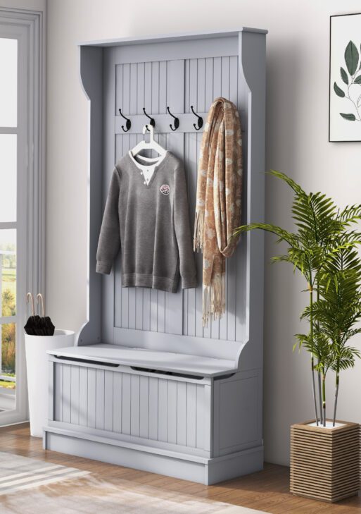 3-In-1 Entryway Bench with Coat Rack, Hall Tree with Bench and Shoe Storage, 5 Hooks for Hallway