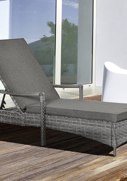 Wicker Chaise Lounge, 4 Position Adjustable Backrest and Cushions Outdoor Lounge Chair PE Rattan Sun Lounger for Poolside, Balcony or Garden, Dark Grey
