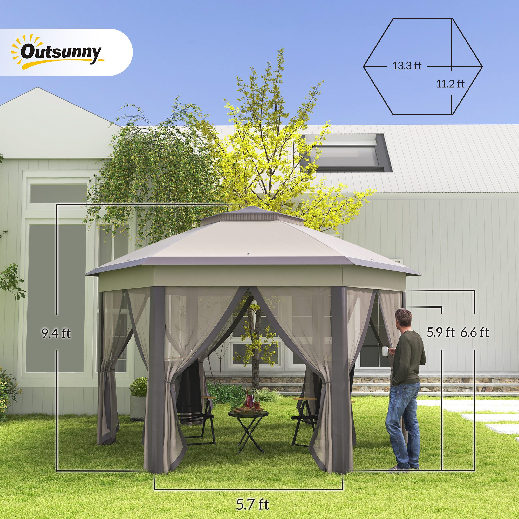 13' x 13' Pop Up Gazebo Hexagonal Canopy Shelter with 6 Zippered Mesh Netting for Patio Backyard Garden Wedding Party - Image 1