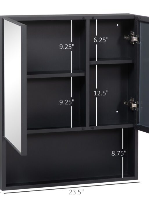 Wall-Mounted Medicine Cabinet, Bathroom Mirror Cabinet with Double Doors and Storage Shelves, Black
