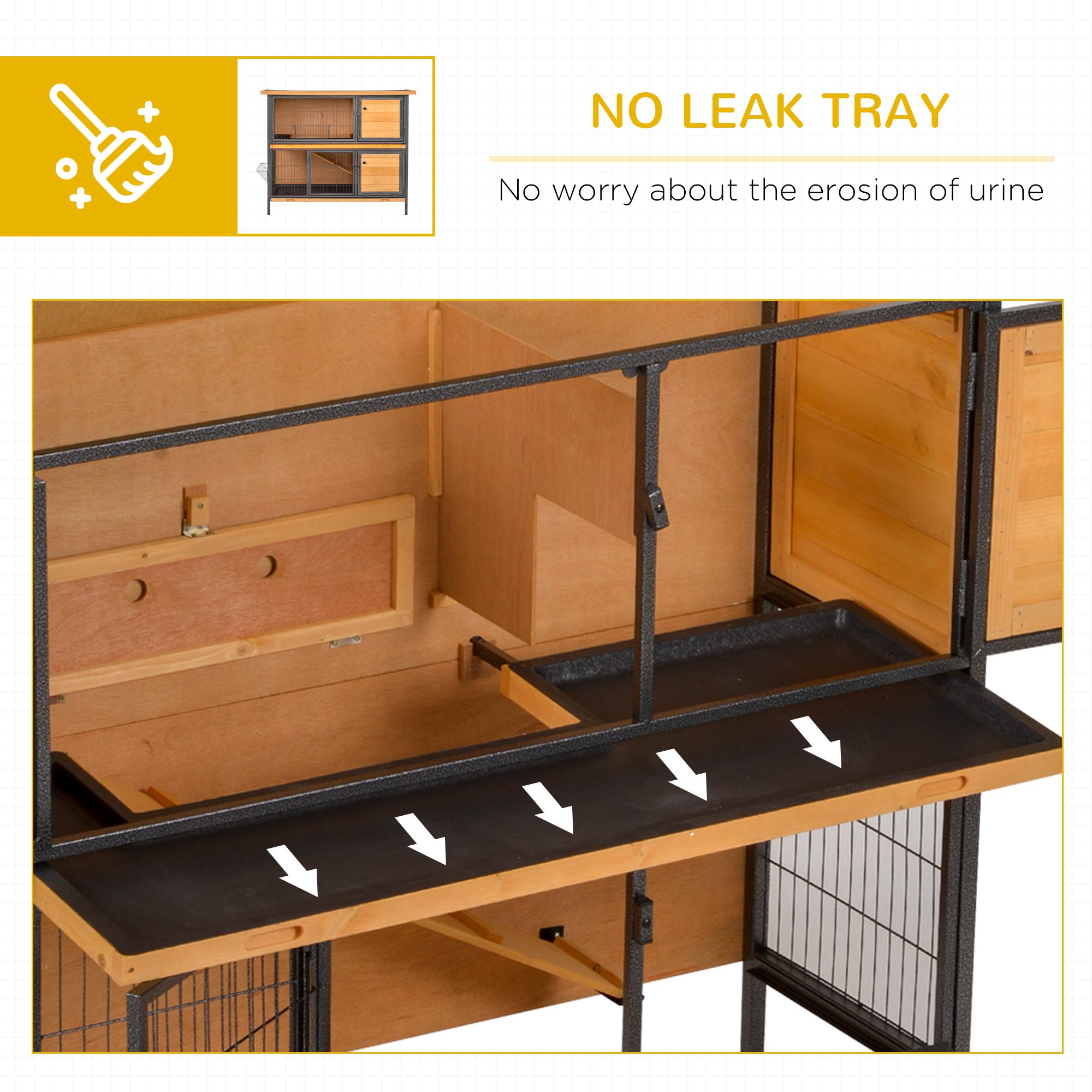 48" 2-Story Large Rabbit Hutch Bunny Cage Wooden Pet House Metal Frame with Rooms, Ramp, No Leak Tray, Feeding Trough, Waterproof Asphalt Roof for Rabbits, Chickens, Ducks, Outdoor/Indoor - Image 4