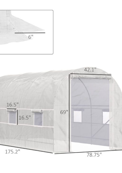 14.6' x 6.6' x 6.6' Walk-In Tunnel Greenhouse, Large Garden Hot House Kit with 6 Roll-up Windows & Roll Up Door, Steel Frame, White