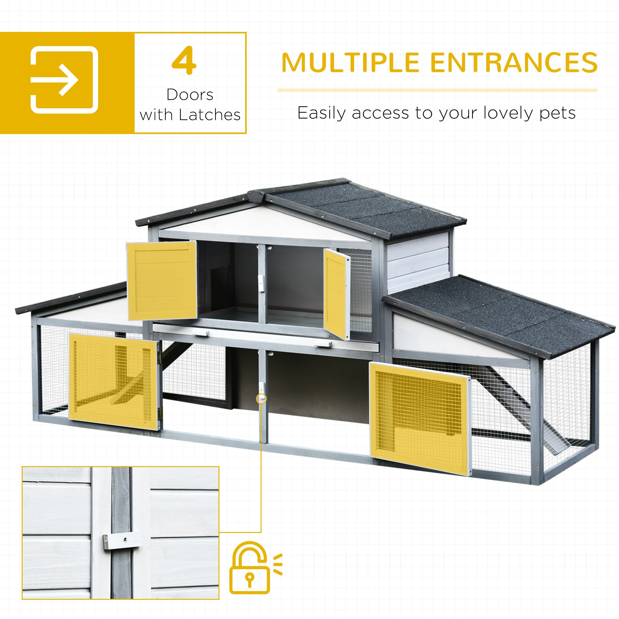89"L Outdoor Rabbit Hutch, Guinea Pig Cage Indoor Outdoor Wooden Bunny Hutch with Double Runs, Weatherproof Roof, Removable Tray, Ramps, Gray - Image 2